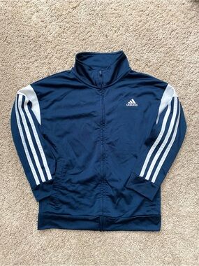 adidas Navy and White Zip-Up Track Jacket-Size 7